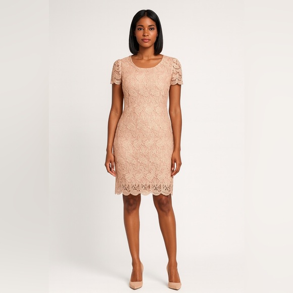 Blush Nude Crochet Lace Sheath Dress by Michael K - Picture 6 of 9
